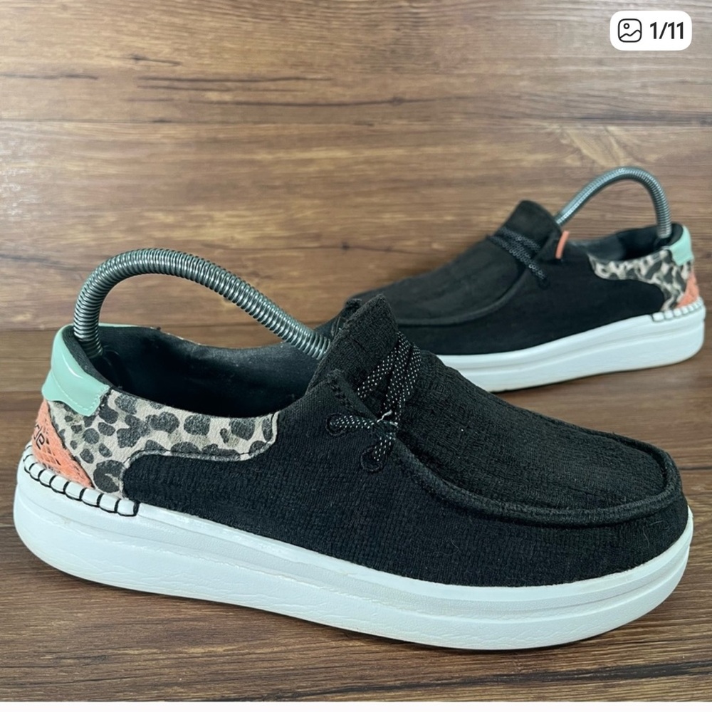 Hey Dude Black Slip-Ons with Leopard and Mint Accents